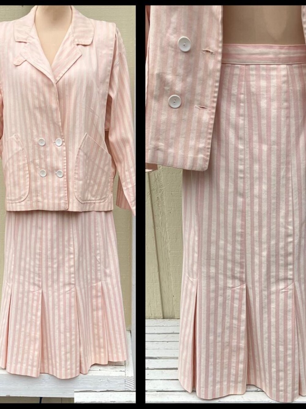 VTG ladies "lew magram" skirt suit, 1980's, pink & white stripe, shoulder pads
